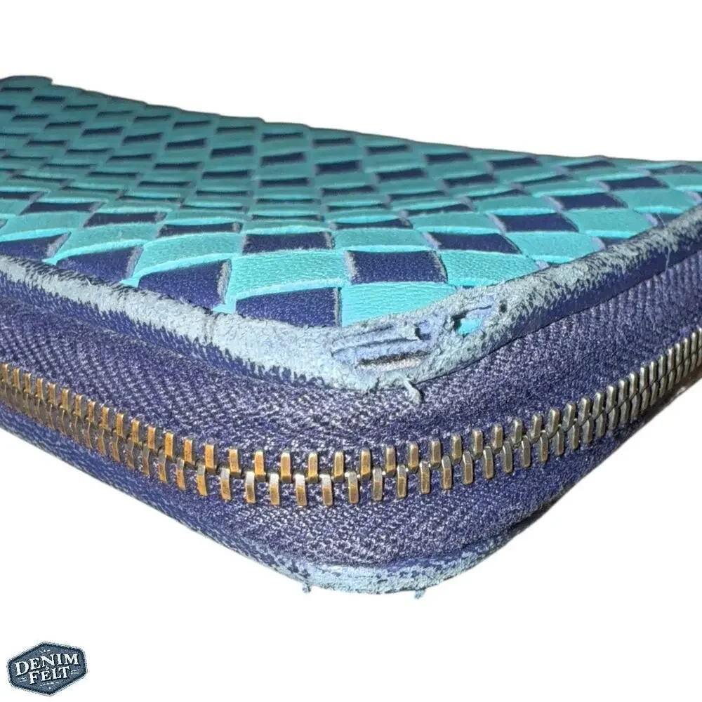 Bottega Veneta Turquoise/Navy Long Zip-Around‎ Leather Continental Wallet 💙RARE